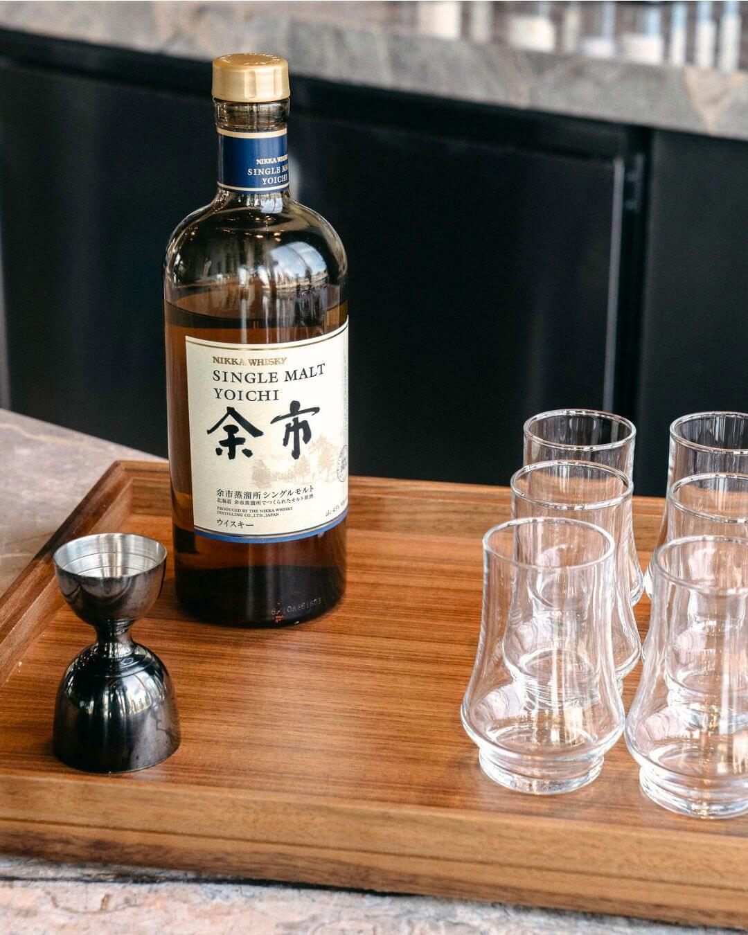 Nikka Whisky Single Malt Yoichi bottle and tasting glasses